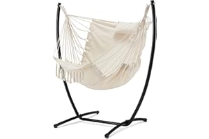 EUSUNCALY Hammock Chair with Stand,Hanging Chair Flow Bohemian Hand Indoor Outdoor,with Headrest and Side Pockets, Maximum Load Capacity 330lbs (White)