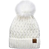 C.C Beanie Women’s Thick Cable Knit Faux Fuzzy Fur Pom Lattice Crossover Fuzzy Lined Skull Cap Cuff Beanie