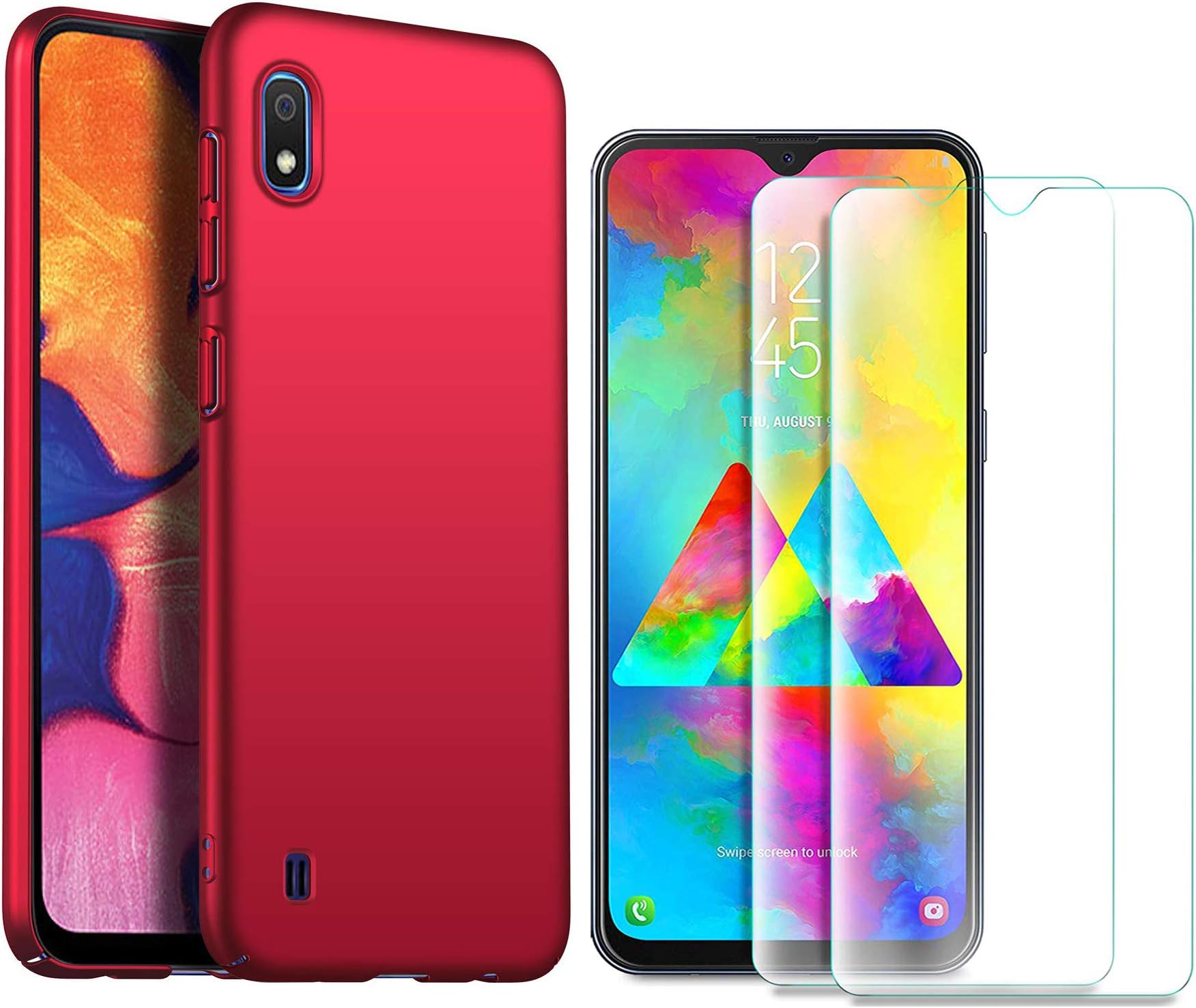 MYLBOO For Samsung Galaxy A10 Case and Screen Protector,[3 in 1] Slim Hard Plastic Case + [2 Pack][9H Hardness] [HD Ultra] Tempered Glass Screen Protector For Samsung Galaxy A10 (Red)