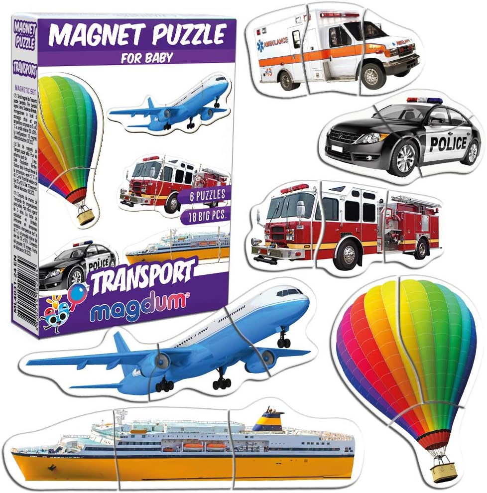 Transport Magnetic Puzzle for Kids, Magdum, 6 Vehicle Puzzles with 18 Magnetic Pieces
