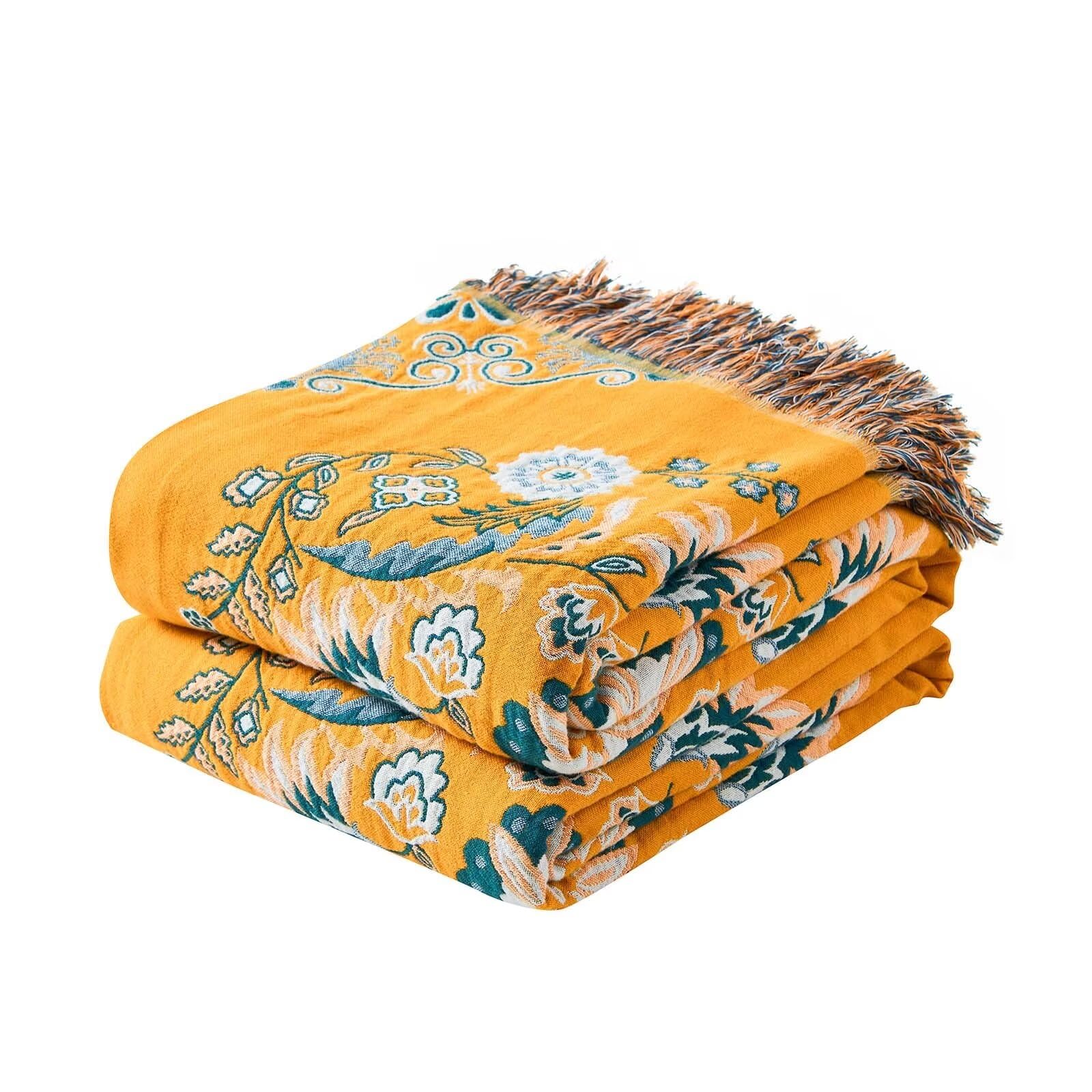 XIBLC Boho Throw Blanket, 100% Cotton Ultra Soft Luxury Throw Rustic Quilt, Floral Printed Farmhouse Decor Bed Summer Blankets, All Season Rustic Reversible Bohemian Throw for Bed (80"x90" Yellow Image