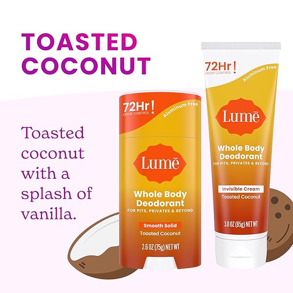 LUME WHOLE BODY DEODORANT – INVISIBLE CREAM TUBE AND SOLID STICK – 72 HOUR ODOR CONTROL – ALUMINUM FREE, BAKING SODA FREE, SKIN SAFE – 3.0 OUNCE 2.6 OUNCE BUNDLE (TOASTED COCONUT)