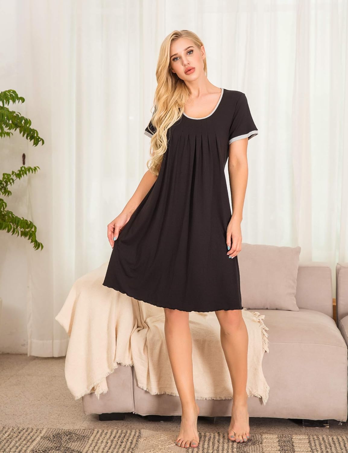 Ekouaer Women's Nightgown Short Sleeve Sleepwear Comfy Sleep Shirt Pleated Scoopneck Nightshirt S-XXL at  Women’s Clothing store