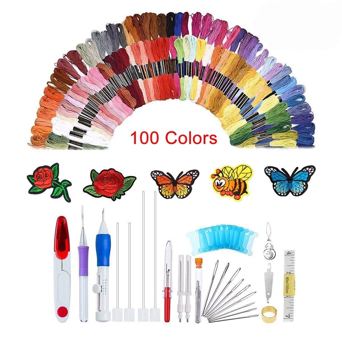 SUNREEK 100 Color Embroidery Kit with Embroidery Pen, Needles, 138 Color Threads for Needlework Sewing