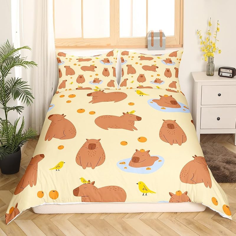 Capybaras Bettbezug 135x200 Nette Braune Capybaras Trösterbezug für Kleinkinder Teens Jugend, Cartoon Vogel Capybara Orangen Bettwäsche Sätz mit 1 Kissenbezug, Gelbbraun — Foto 2 von 6