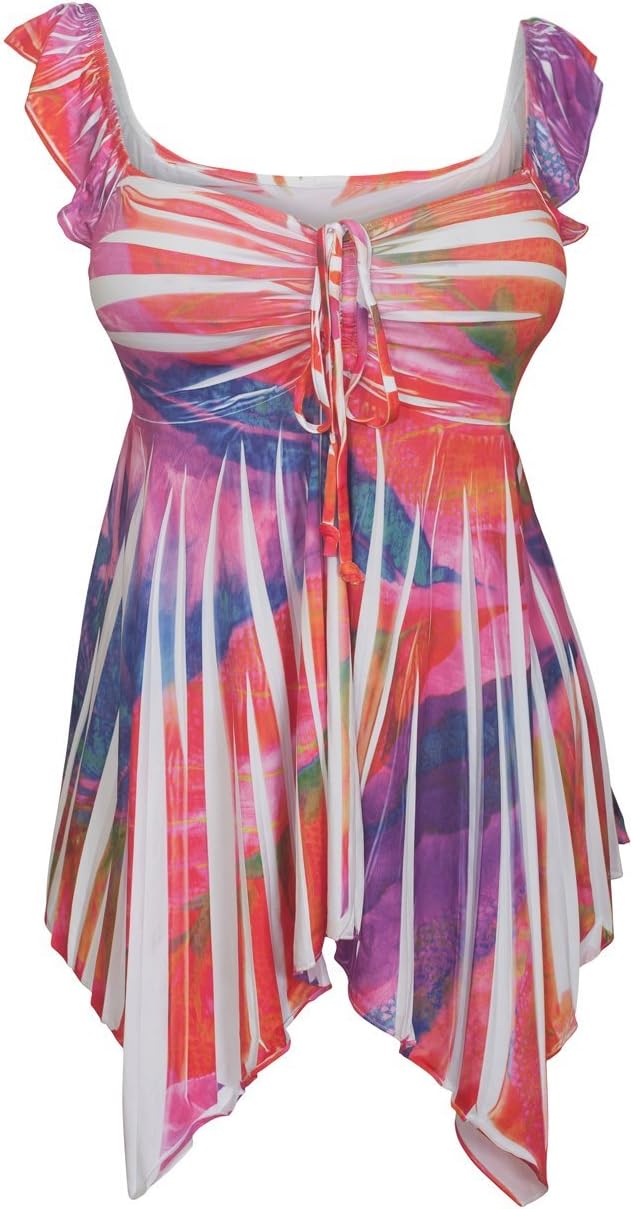 eVogues Plus Size Deep V-Neck Asymmetric Hemline Slimming Sublimation Print Top Made in USA