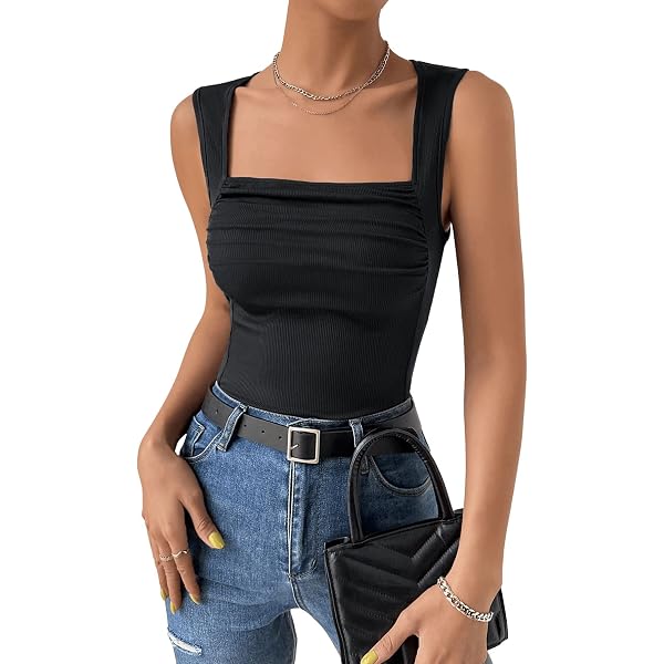 SHENHE Women's Square Neck Crop Tank Top - Wide Strap, Fitted, Casual Summer Top