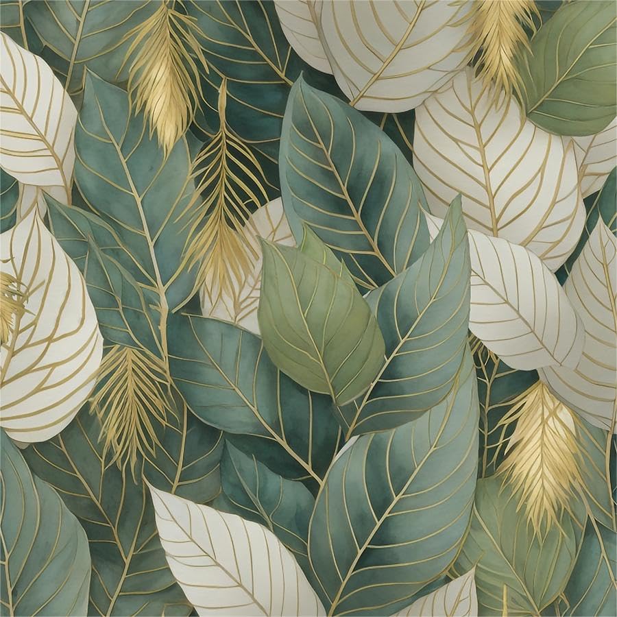 Photo 1 of Watercolor Green Yellow Gold Leaf Modern Mosaic Peel and Stick Wallpaper Contact Paper Vintage Vinyl Stick on Wall Paper for Bedroom Bathroom Kitchen Cabinet Renter Friendly