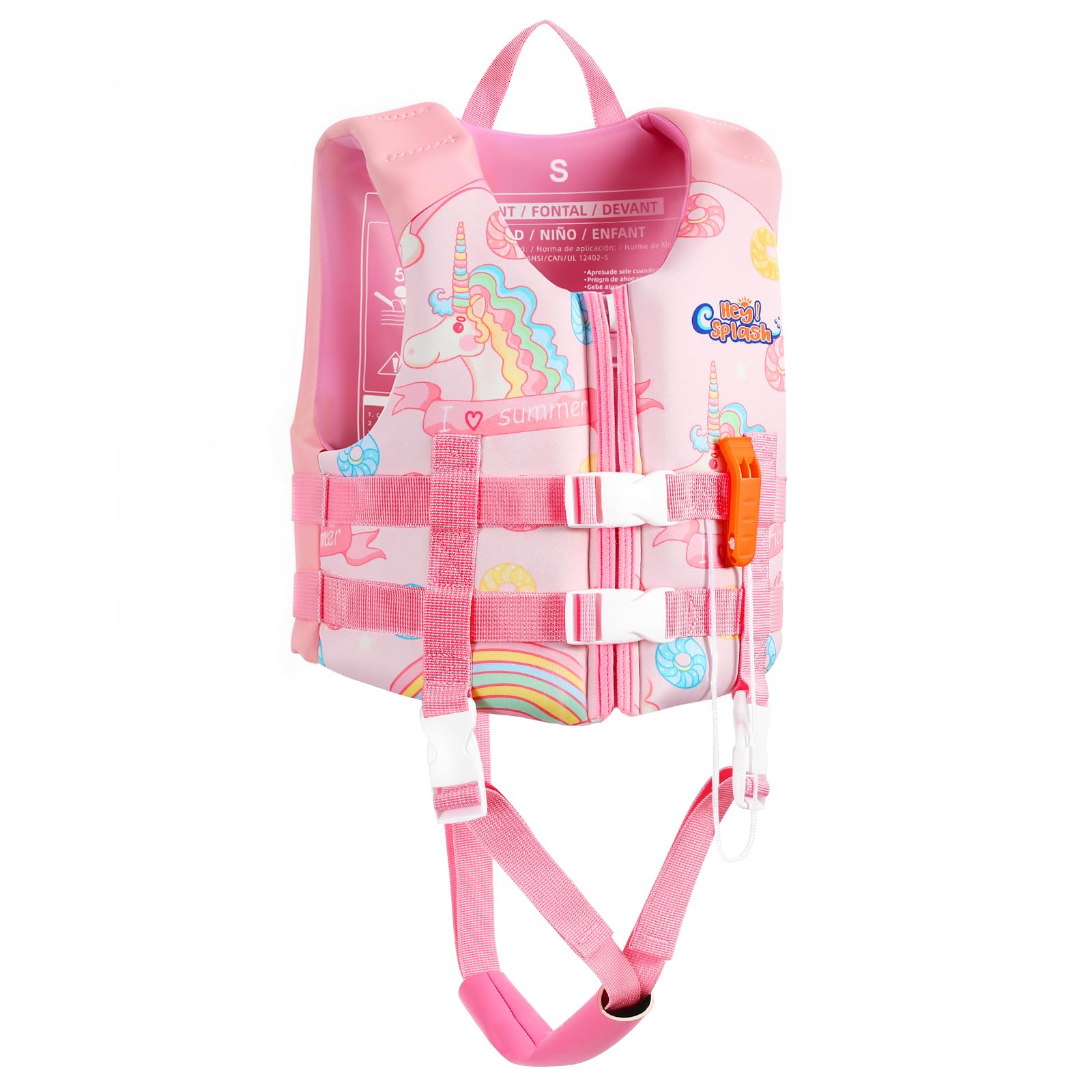 HeySplash Toddler Swim Vest, Kids Floaties Swimming Jacket, Jumper Swimsuit with Adjustable Strap, Float Puddle Vest, Buoyancy Swimwear for Girls and Boys Aged 1.5-4 Years / 20-30lbs, Pink Unicorn Image