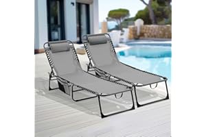 Unovivy Set of 2 Outdoor Lounge Chairs Fold TanningChair 4-Level Adjustable, Portable Pool LoungeChair with Headrest&SidePocket, Gray