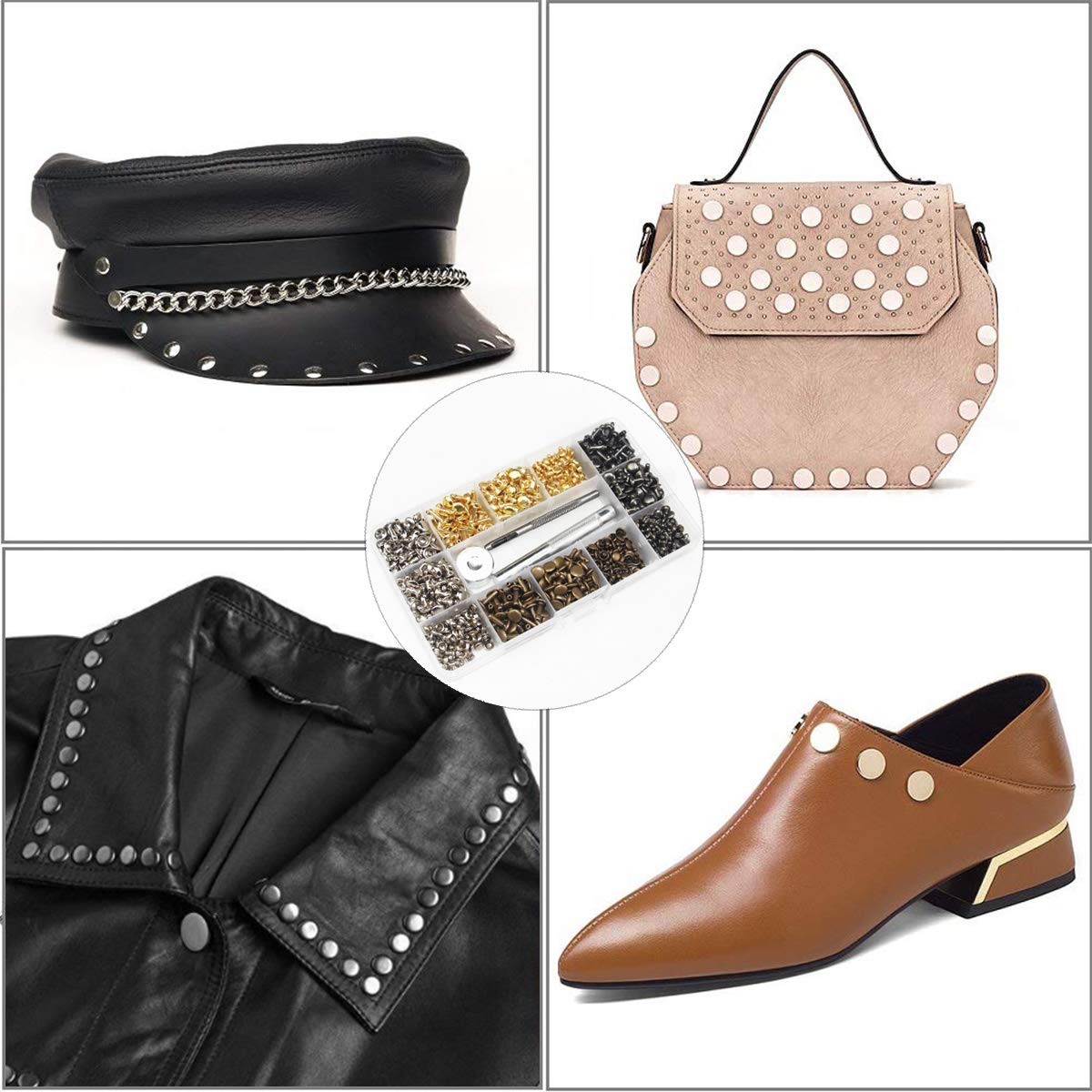 EuTengHao 484Pcs Leather Rivets Double Cap Rivet Tubular Metal Studs 3 Sizes with Punch Pliers and 3Pcs Setting Tool Kit for Leather Craft Repairs Decoration (Gold,Silver,Bronze,Gunmetal, 4 Colors)