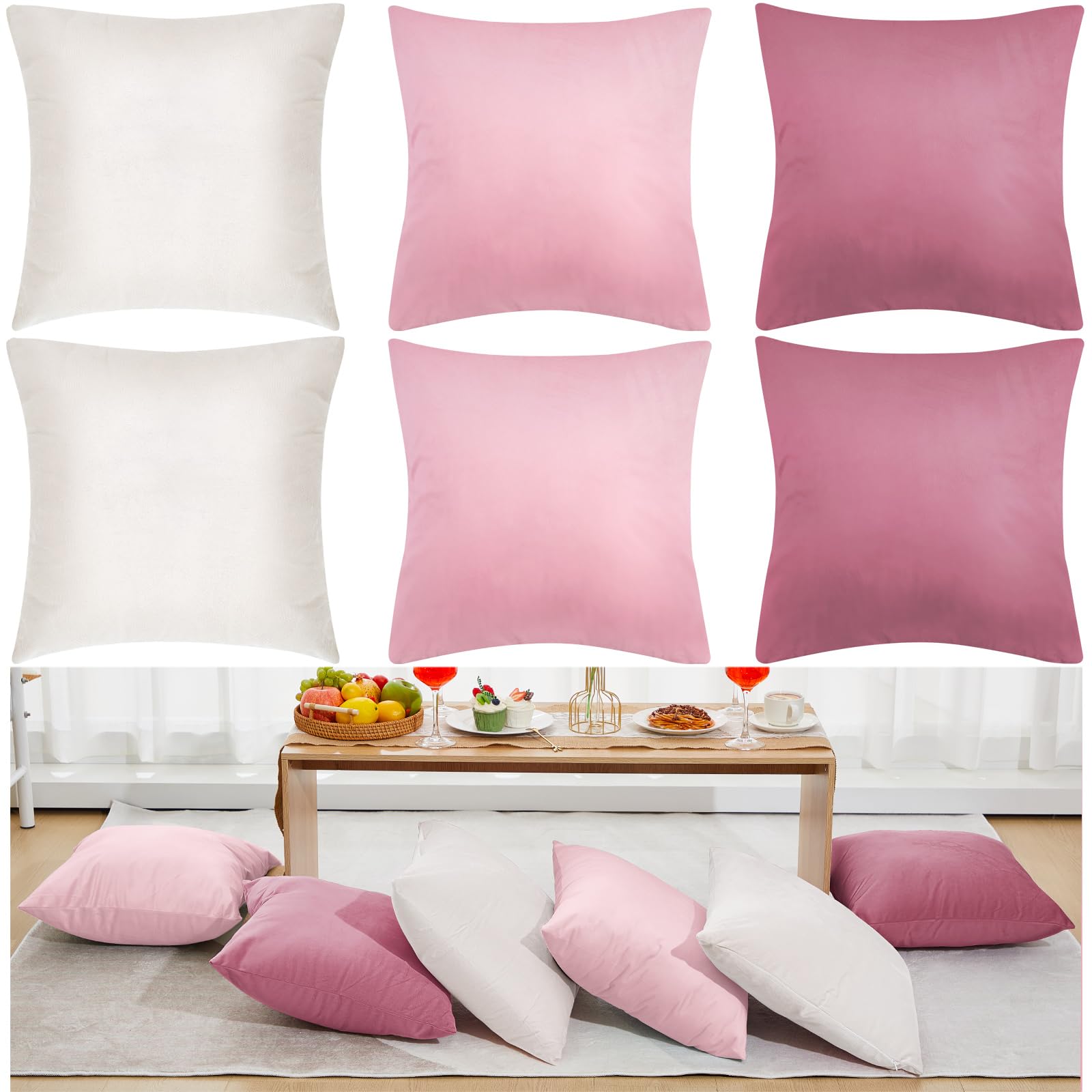 Photo 1 of Berlune 6 Pcs Velvet Throw Pillow Covers 18" x 18" Decorative Cushion Cases Soft Pillowcase for Picnic Coquette Party Accessories Couch Sofa Bed Decor, No Inserts (Pink Series)