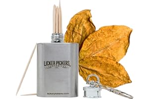 LICKER PICKERS TOOTHPICKS PROUDLY MADE IN DALLAS TEXAS . UNITED STATES OF AMERICA Licker Pickers Whiskey & Tobacco Flavored All White Birchwood Toothpicks-25 Liquor-Infused Picks with Bonus 2oz stainless steel Flask