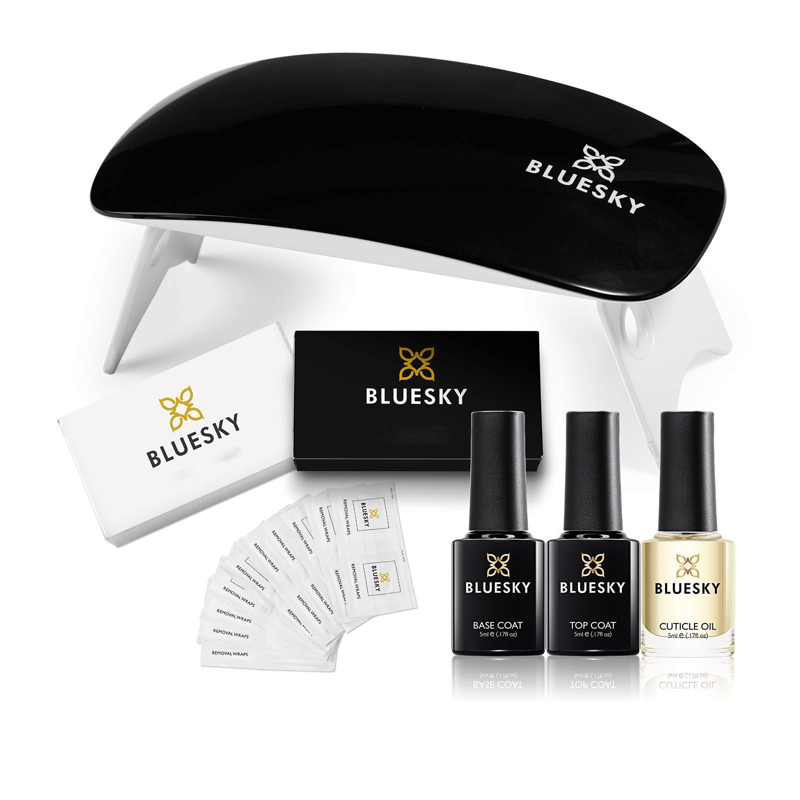 Bluesky Gel Nail Kit With Mini 6 W UV LED Travel Lamp, Gel Nail Polish Set, Top and Base Coat Set 5 ml, Cuticle Oil 5 ml, Acetone Remover Wraps x 100, Cleanser Wipes x 100