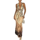 WDIRARA Women's Deep Cowl Neck Halter Dress Sleeveless Tie Backless Bodycon Animal Print Maxi Dress