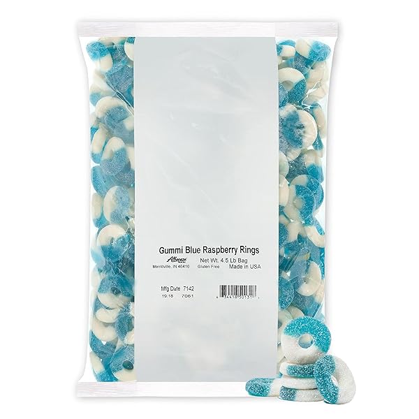 ALBANESE CANDY, GUMMI BLUE RASPBERRY RINGS, 4.5-POUND BAG