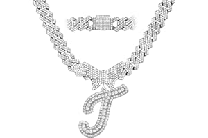 JNCTCOE Cuban Link Chain for Women Cursive Silver Initial 14MM Diamond Prong Cuban Chain Hip Hop Iced Out Chain Necklace Butterfly Initial Letter Name Necklaces for Women