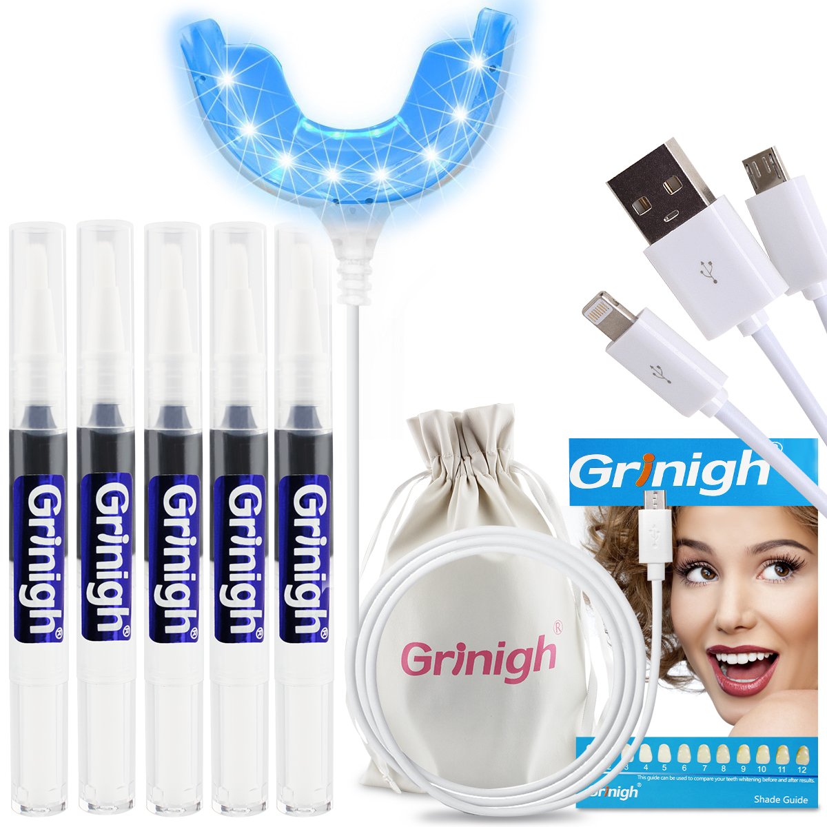 Grinigh At Home Professional Teeth Whitening Kit with 5 x Natural Activated Charcoal Tooth Whitener Gel Pen - FDA Approved - Easy to USe - Fast Results - More Than 50 Treatments