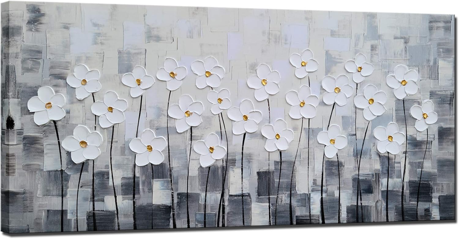 Paintings - SYGALLERIER White Floral Canvas Wall Art - Hand Painted 3D Modern Abstract Painting - Grey and White Pictures for Living Room Bedroom Decor