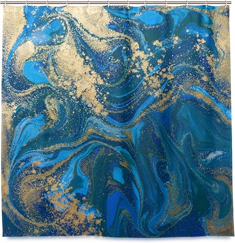 Amazon Liasdiva 防水 シャワーカーテン ブルーゴールド液体テクスチャ手描き 高級感あり 180x180cm丈 軽量 バスカーテン パーソナライズされたファッションパターン芸術の装飾 カーテンフックc型 付き シャワーカーテン ホーム キッチン オンライン通販
