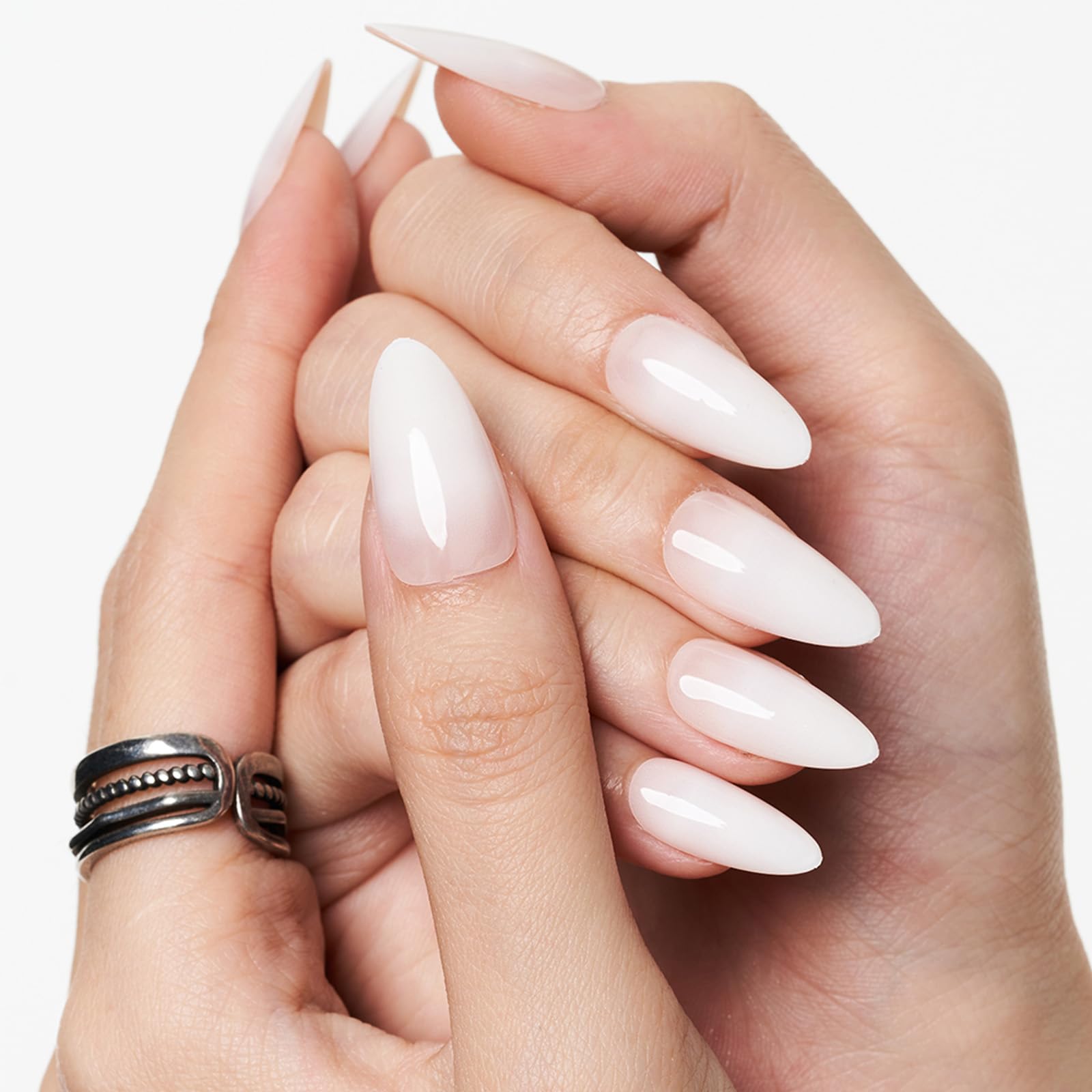 GLAMERMAID Press on Nails Medium Almond, Spring Summer White Ombre Gel Glue on Nail, 24Pcs Glossy Short Stiletto Reusable UV Finish Fake Nails Acrylic False Nails Manicure Kits for Women - Image 3