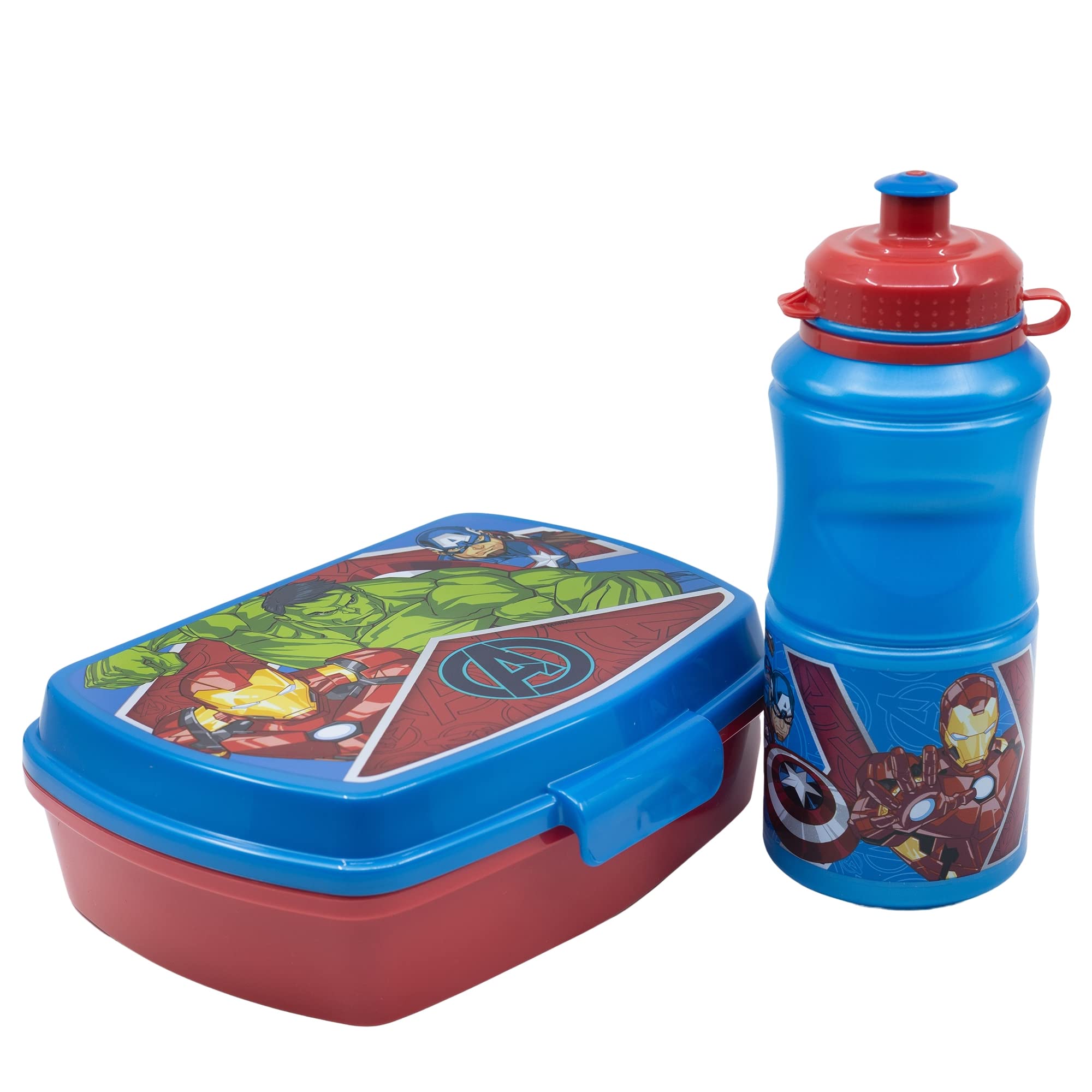 Stor 74173 Back to School Set with Avengers Heraldic Army Theme-Perfect for Kids - Includes Easy Hold 380ml Sport Bottle and Rectangular Lunchbox,