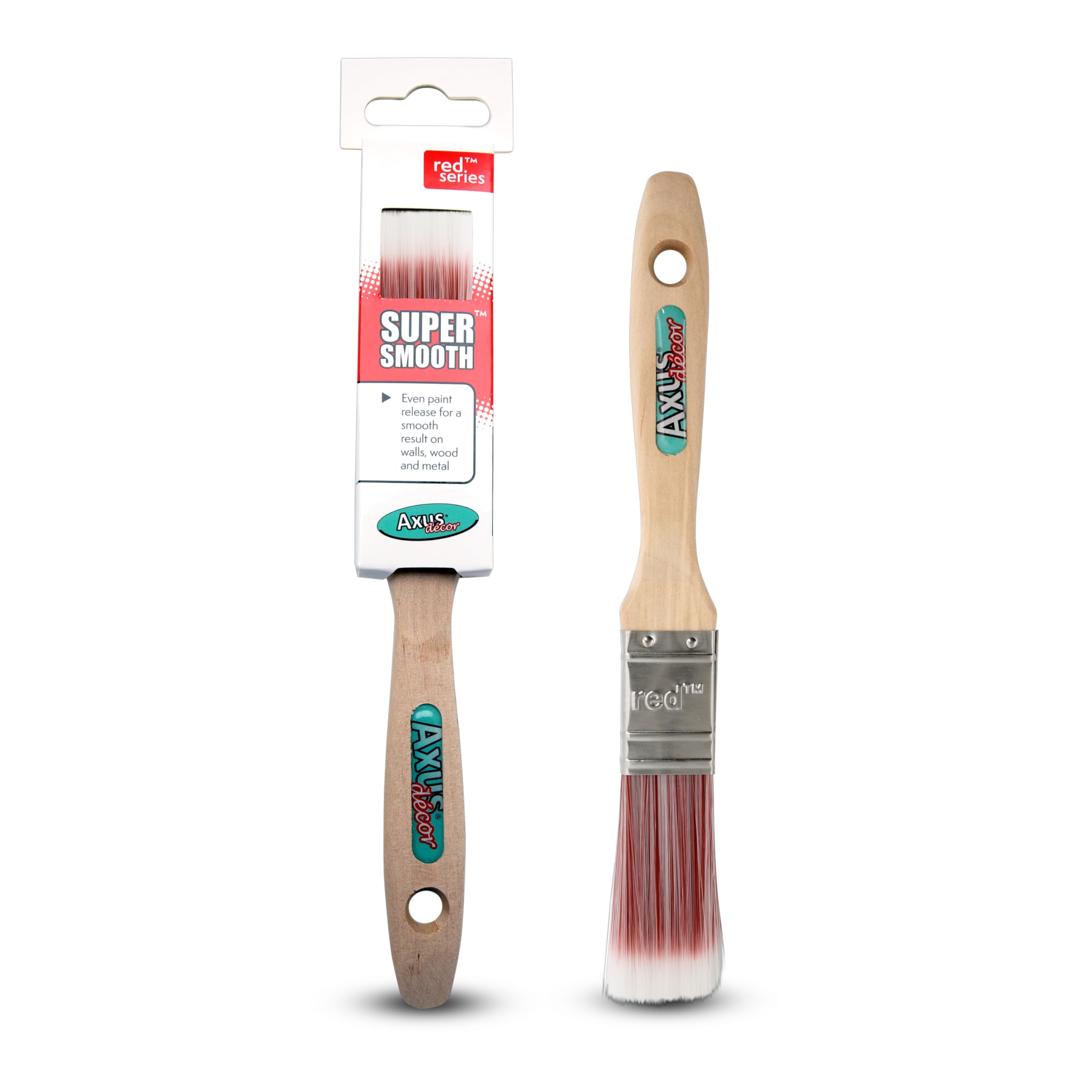 Axus Décor Super Smooth Brush (Red series) Paint Brush for All Paints, Unvarnished, Hardwood, Beaver Tail handle, Rust-Resistant Stainless Steel Ferrule, Synthetic Filaments - 1"/25mm