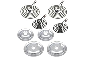 MP22YA Electric Stove Burner Element Replacement Set with 4 Pack Silver Drip Pans - Compatible with 316048413 & 316048414, Co