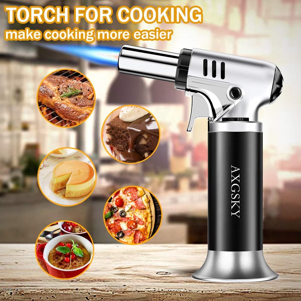 DLYM Butane Torch Lighters, kitchen torch Refillable Adjustable Flame Kitchen Torch with Safety Lock & Adjustable Flame for BBQ, Creme Brulee, Baking, DIY Soldering (Butane Gas not Included) (Silver): Home Improvement