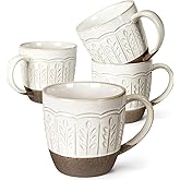 Artena Ceramic Coffee Mugs Set of 4, 16oz Embossed Large Latte Mugs Coffee Cups with Handle for Tea, Latte, Cappuccino & Cocoa, Milk Dishwasher & Microwave Safe, White (Wheat Leaf)