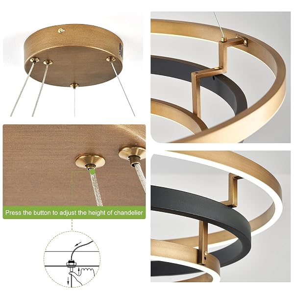 BENKUT MODERN LED CHANDELIER BLACK GOLD DIMMABLE 3 RING PENDANT LIGHT FOR DINING ROOM, KITCHEN CHANDELIER CIRCULAR WITH REMOTE CONTROL FLUSH MOUNT HIGH CEILING LIGHT FOR LIVING ROOM, 3000K-6500K