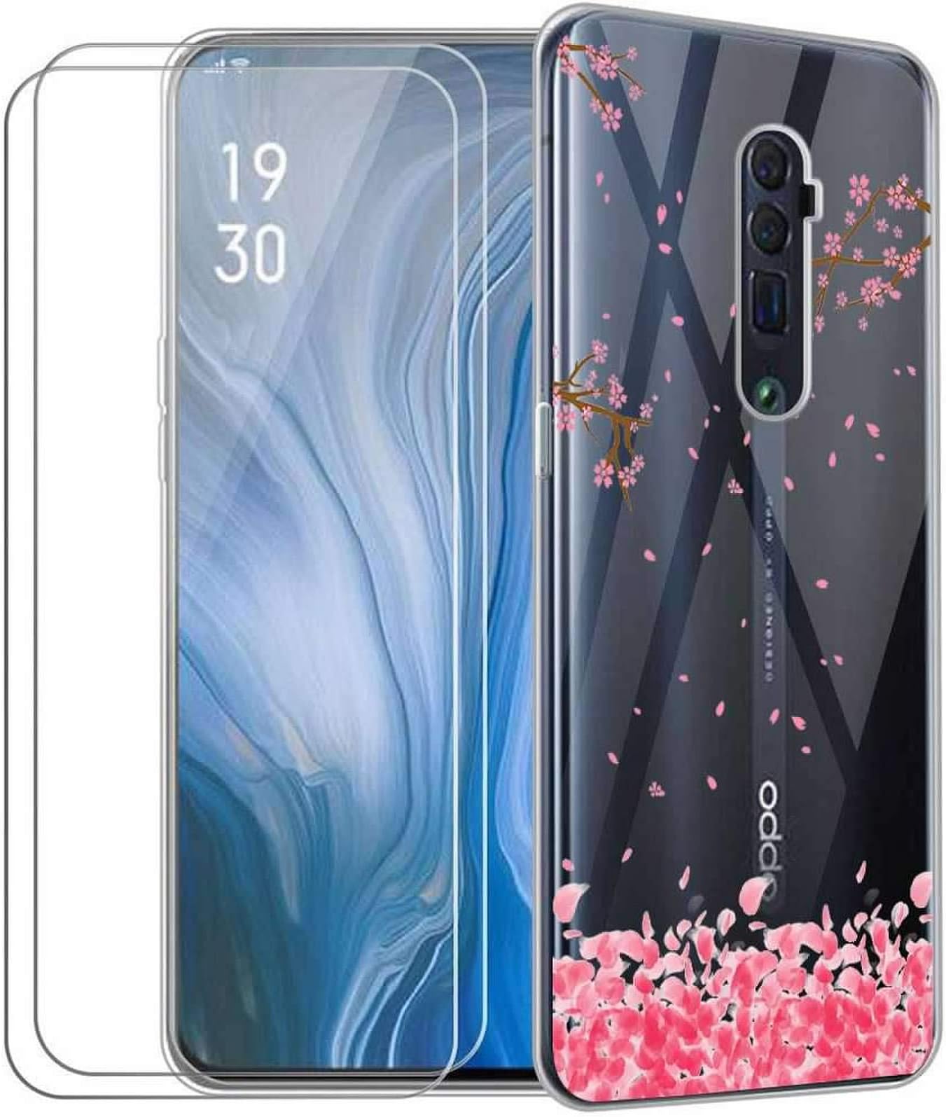(3 in 1) for Oppo Reno 10x Zoom Case + (2 Pack) Glass Screen Protector Slim Clear Soft TPU Silicone Phone Case Cover with (Flower 6) Transparent for Oppo Reno 10x Zoom