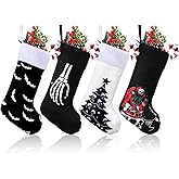 Realspring 4 Pcs Black Christmas Stockings Black and White Goth Christmas Stockings with Plush Cuff Classic Fireplace Hanging Ornament Family Holiday Party Decoration