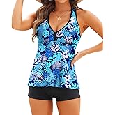 Tempt Me Women Two Piece Tankini Swimsuit Racerback Bathing Suits Tops with Shorts High Waisted