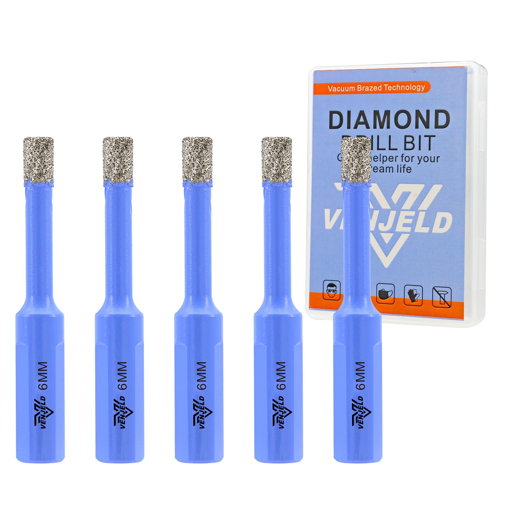 Dry Diamond Drill Bits Set - 6mm 5Pcs Tile Hole Saw Kit for Ceramic Porcelain Tile Marble Granite - Triangle Shank with Storage Case