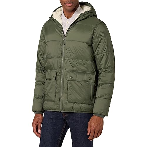 Amazon Essentials Men's Long-Sleeve Water-Resistant Sherpa-Lined Puffer Jacket, Dark Olive, XX-Large