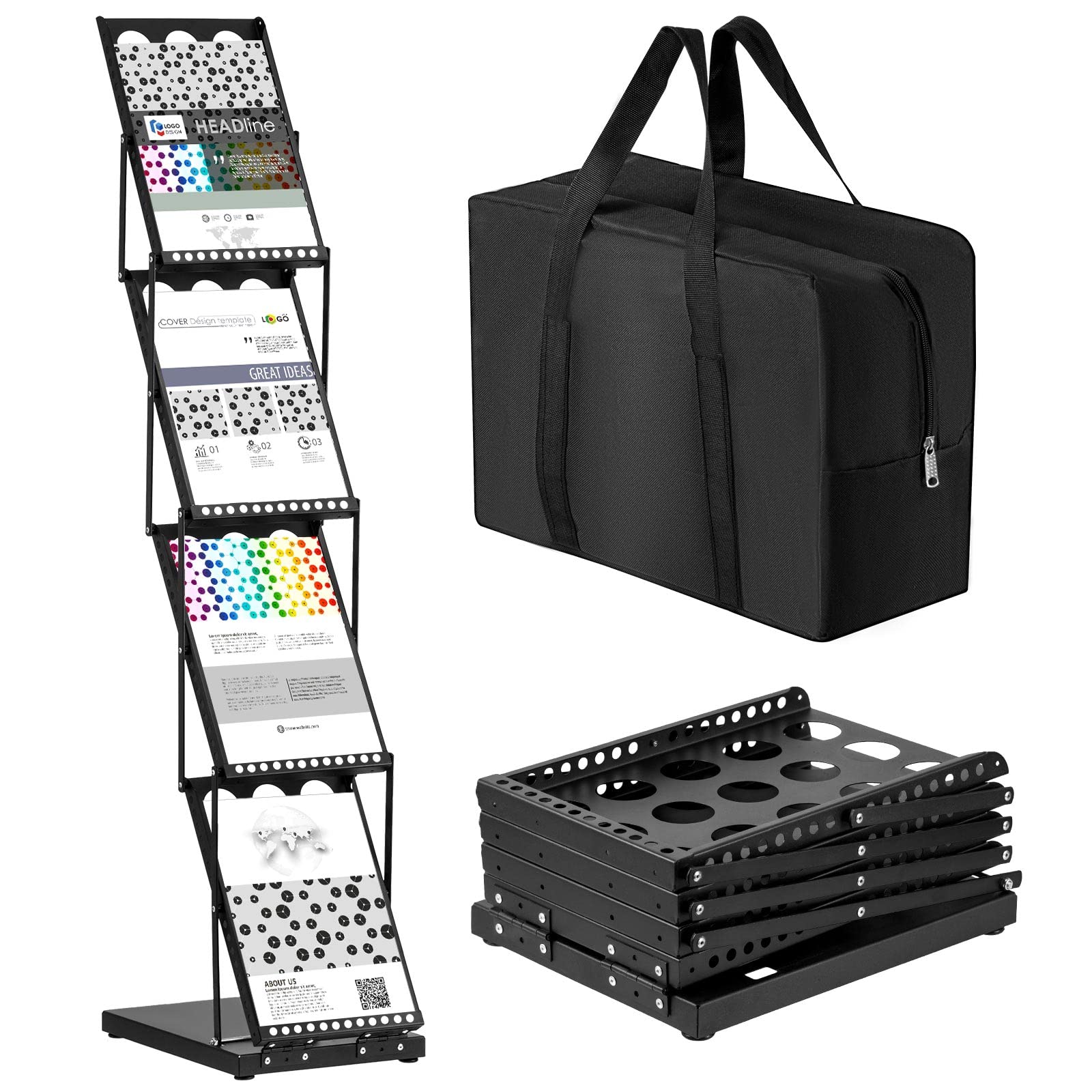 Photo 1 of Tatuo 1 Piece Foldable Magazine Rack Metal Catalog Literature Rack Portable 4 Pockets with Carrying Bag Brochure Stand Literature Display Holder Stand for Exhibition Trade Show