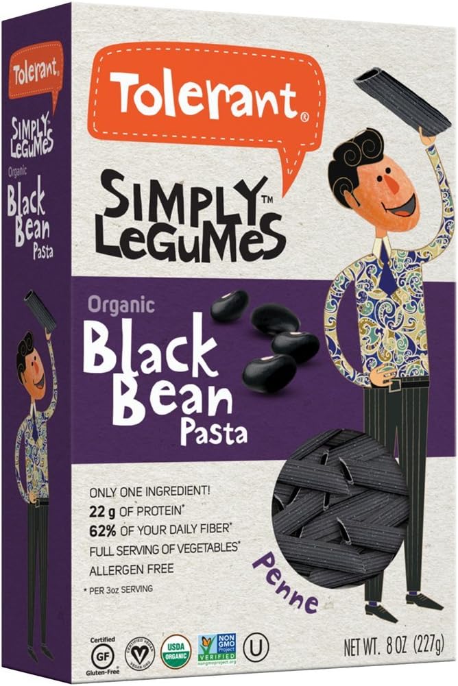 Tolerant - Organic Black Bean and Pea Pasta, Energy Legume Blend, Penne - 8 Oz (6 Pack)