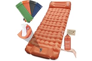 CALMCREST Sleeping Pad for Camping, Ultralight Inflatable Camping Mattress with Adjustable Pillow, Compact Sleeping Mat with Built-in Foot Pump, 4in Thick Air Mattress for Camping, Hiking-Orange