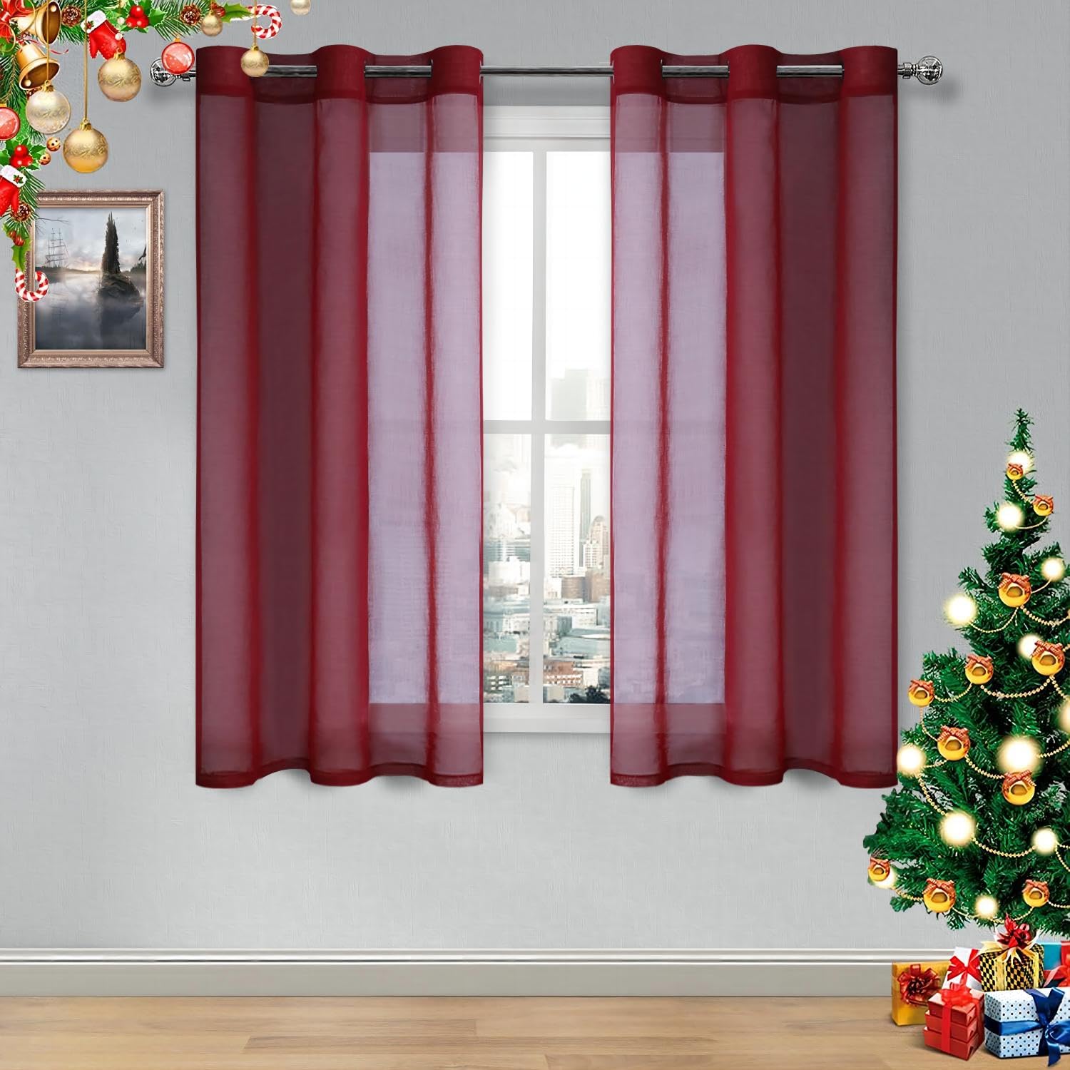 DWCN Burgundy Sheer Curtains, Faux Linen Grommet Window Curtain Voile Sheer Drapes for Living Room Bedroom Thanksgiving Day & Christmas Decor Set of 2 Panels 46 x 54 Inch Long, Burgundy Red