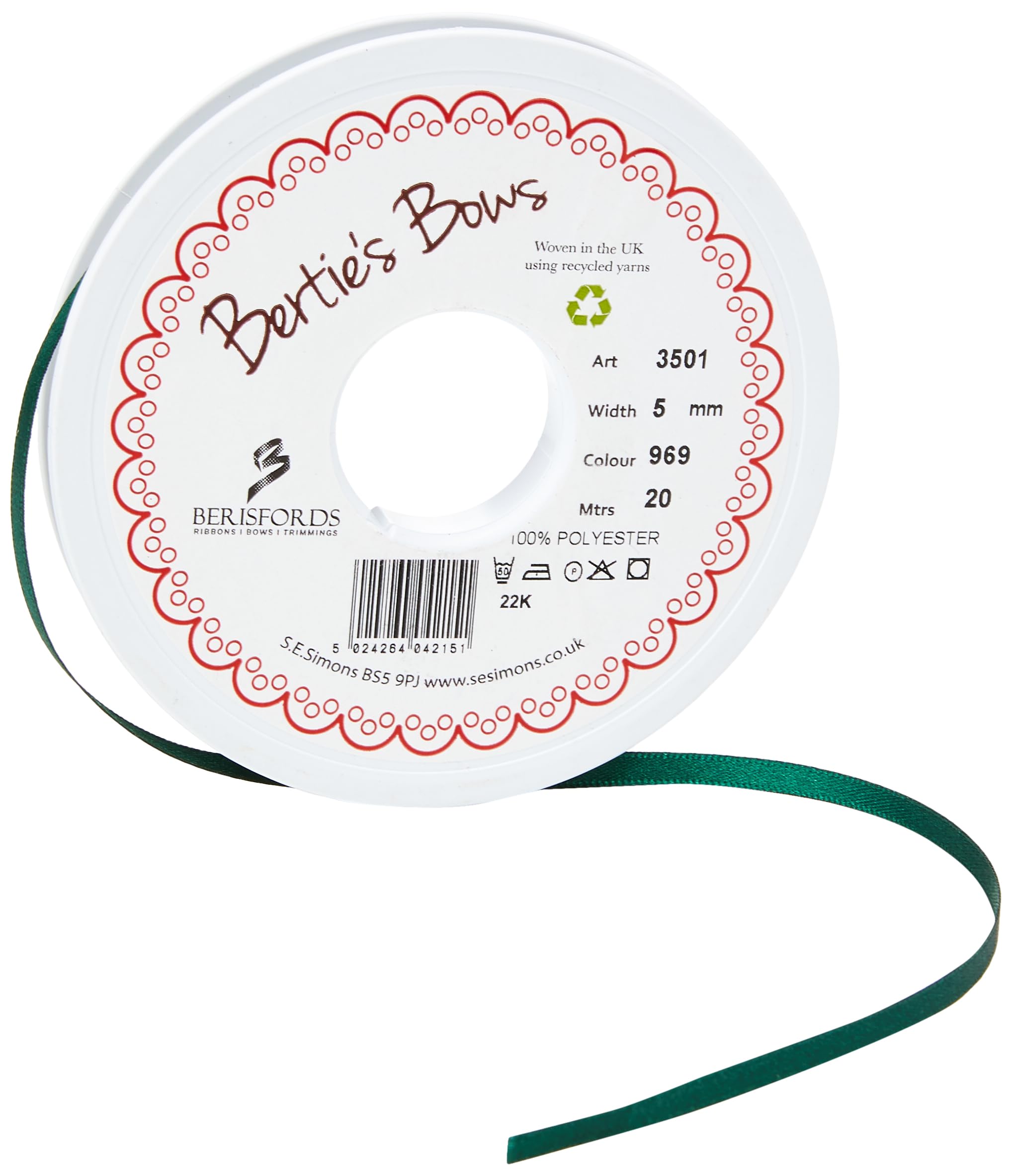 Berisfords Double FACE Poly Satin Ribbon, Forest, 10x1x10 cm