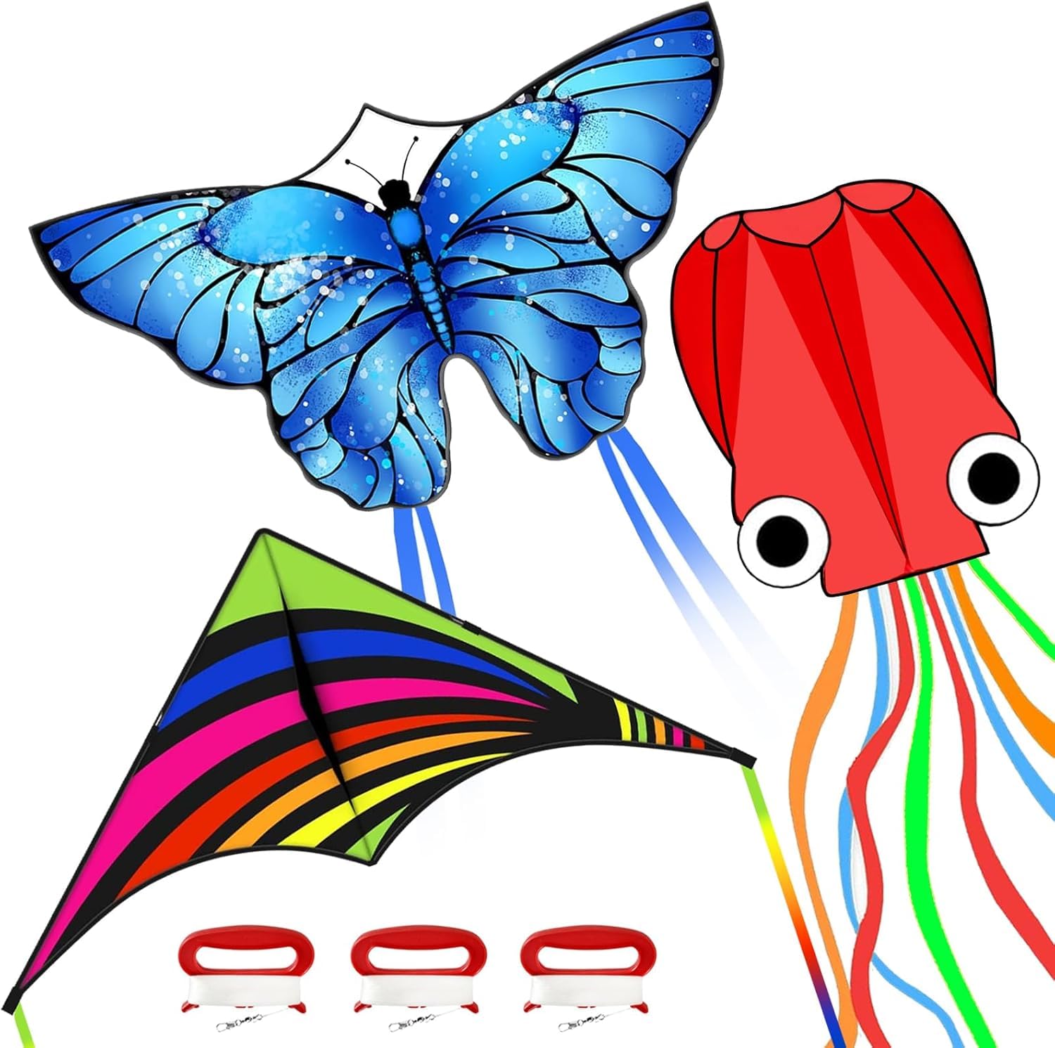 Mint's Colorful Life 3 Pack Kites for Kids and Adults, Easy to Fly Butterfly Delta Octopus Kite Set for Beginners, Large Beach Kites for Family Outdoor Games & Activities (Rainbow+Blue+Red)