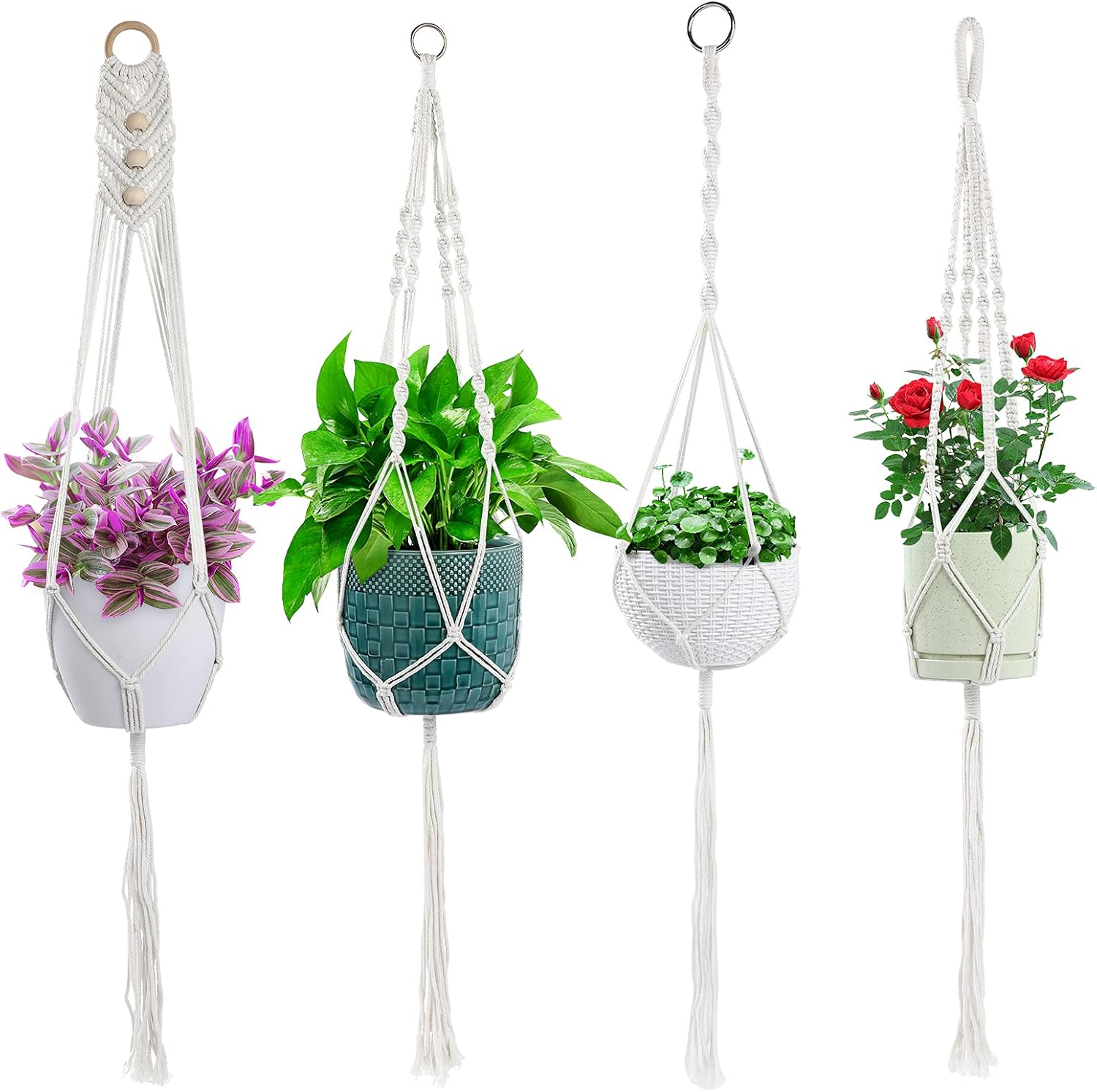 4PCS Macrame Plant Hangers, Bohemian Decorative Cotton Rope Hanging Planter Basket Holder for Flower Pot Patio Deck Ceiling Indoor & Outdoor Decor (Pots and Plants NOT Included)