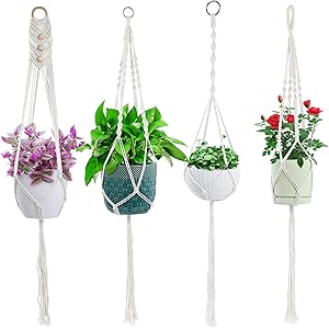 4PCS Macrame Plant Hangers, Bohemian Decorative Cotton Rope Hanging Planter Basket Holder for Flower Pot Patio Deck Ceiling Indoor & Outdoor Decor (Pots and Plants NOT Included)
