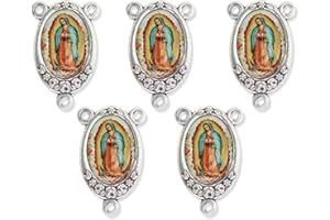 CARITAS ET FIDES Bulk Pack of 5 - Our Lady of Guadalupe Rosary Center, 1" Inch Color Mary Rosary Connector Silver Oxidized Finish Catholic Pendant for Rosary and Rosary Making Supplies, Made in Italy