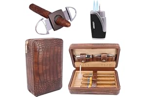 AMANCY Premium Brown Leather Travel Cigar Case,Luxury Portable Cigar Humidor W/Quality Cigar Cutter Lighter Set