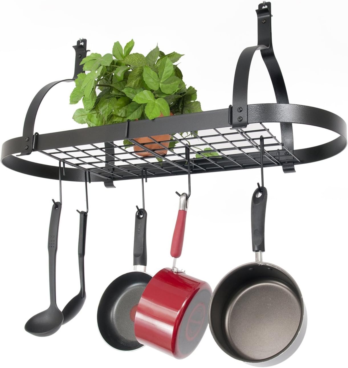 Oval Ceiling Mount Pot Rack in Hammered Steel with Drywall