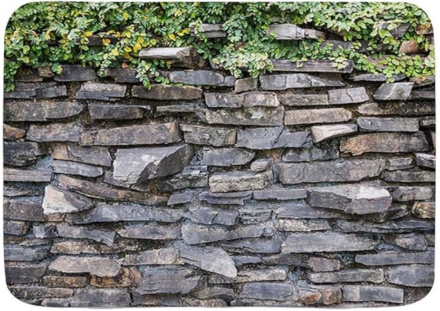Alfombra de baño, pared de ladrillo de piedra, hojas de color verde
