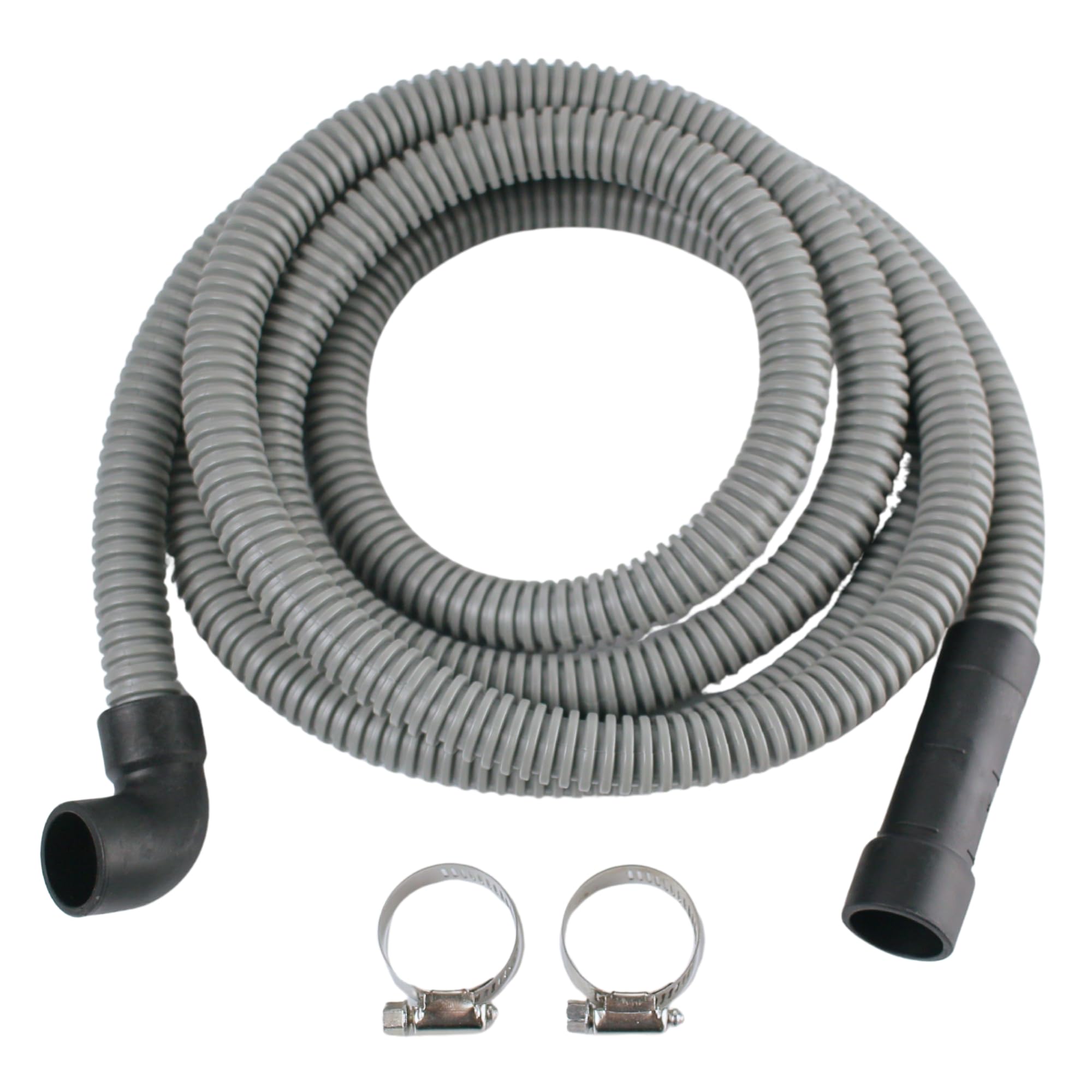 Photo 1 of 10 FT Dishwasher Drain Hose with 90° Elbow Connector & 2 Stainless Steel Clamps - Universal Replacement Discharge Hose, Fits 5/8", 7/8", 1" Drain Outlets - Heavy-Duty Corrugated Flex Tube