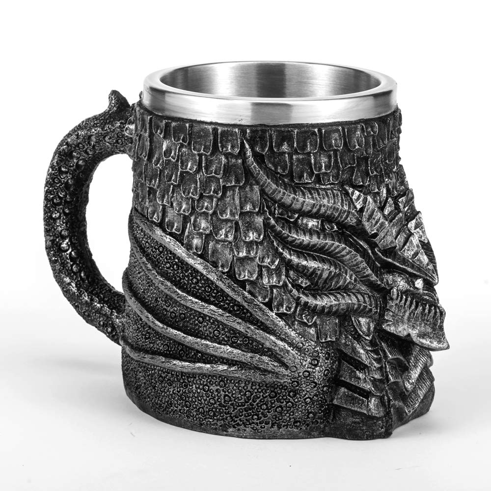 Medieval Dragon Beer Mug, Stainless Steel Coffee Cup Gift Mug for Dragon Collector, Themed Party Decoration,Viking Tankard Drinkware Mug for Coffee/Beverage/Juice 17oz.